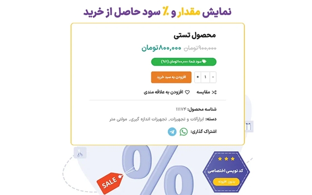 نمایش مقدار و درصد سود خرید در صفحه محصول رو با کدنویسی اختصصاصی انجام بدم.